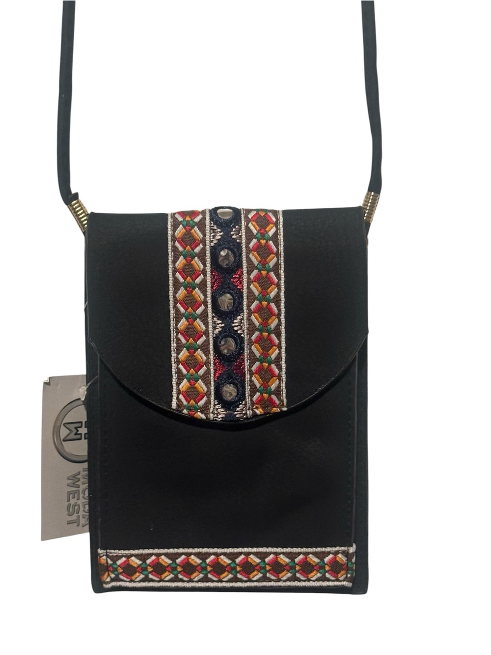 Embroidered Accent Black Crossbody Phone Pouch